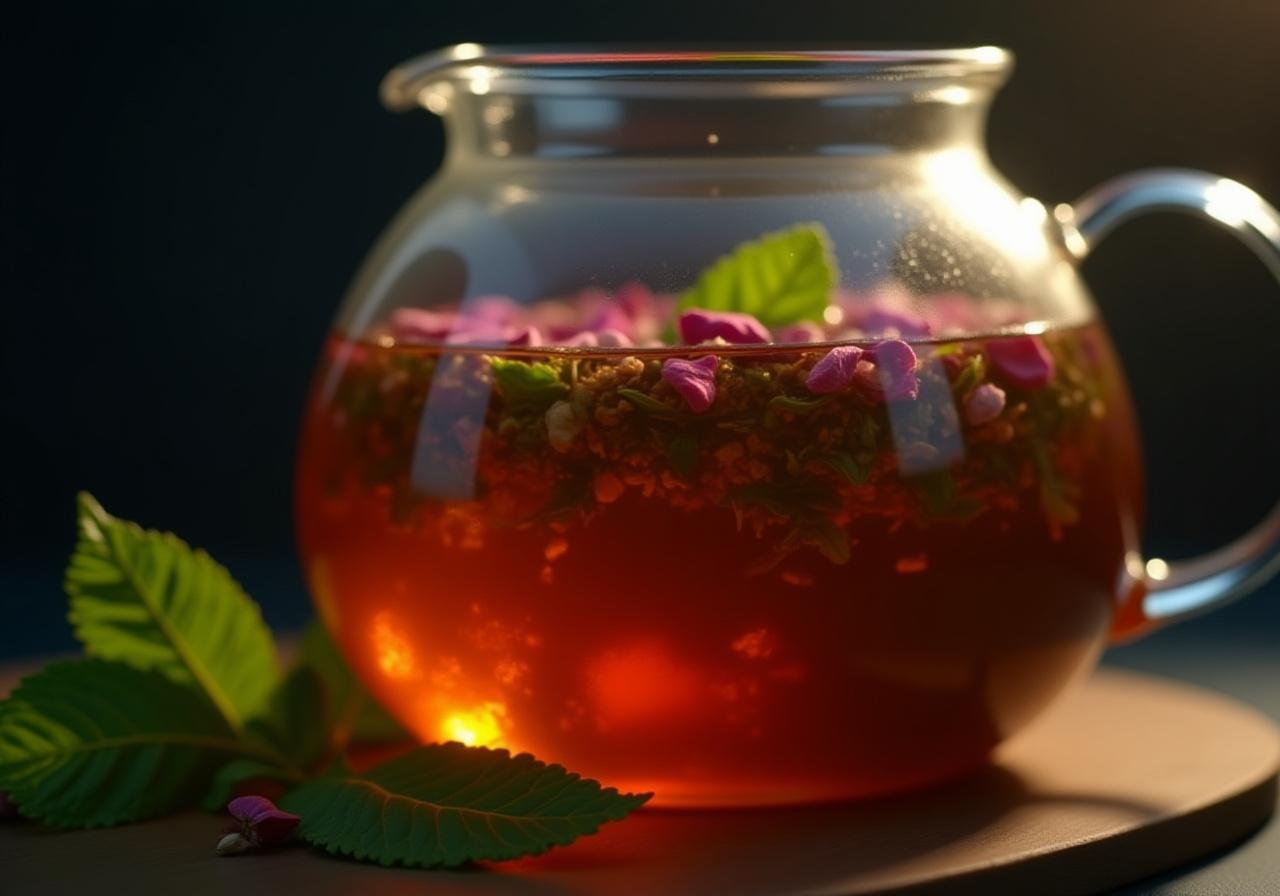 Close up of herbal tea steeping in a glass pot