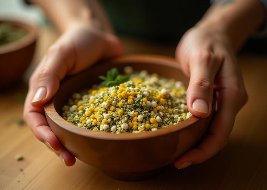 Hands mixing dried chamomile and lavender in a wooden bowl