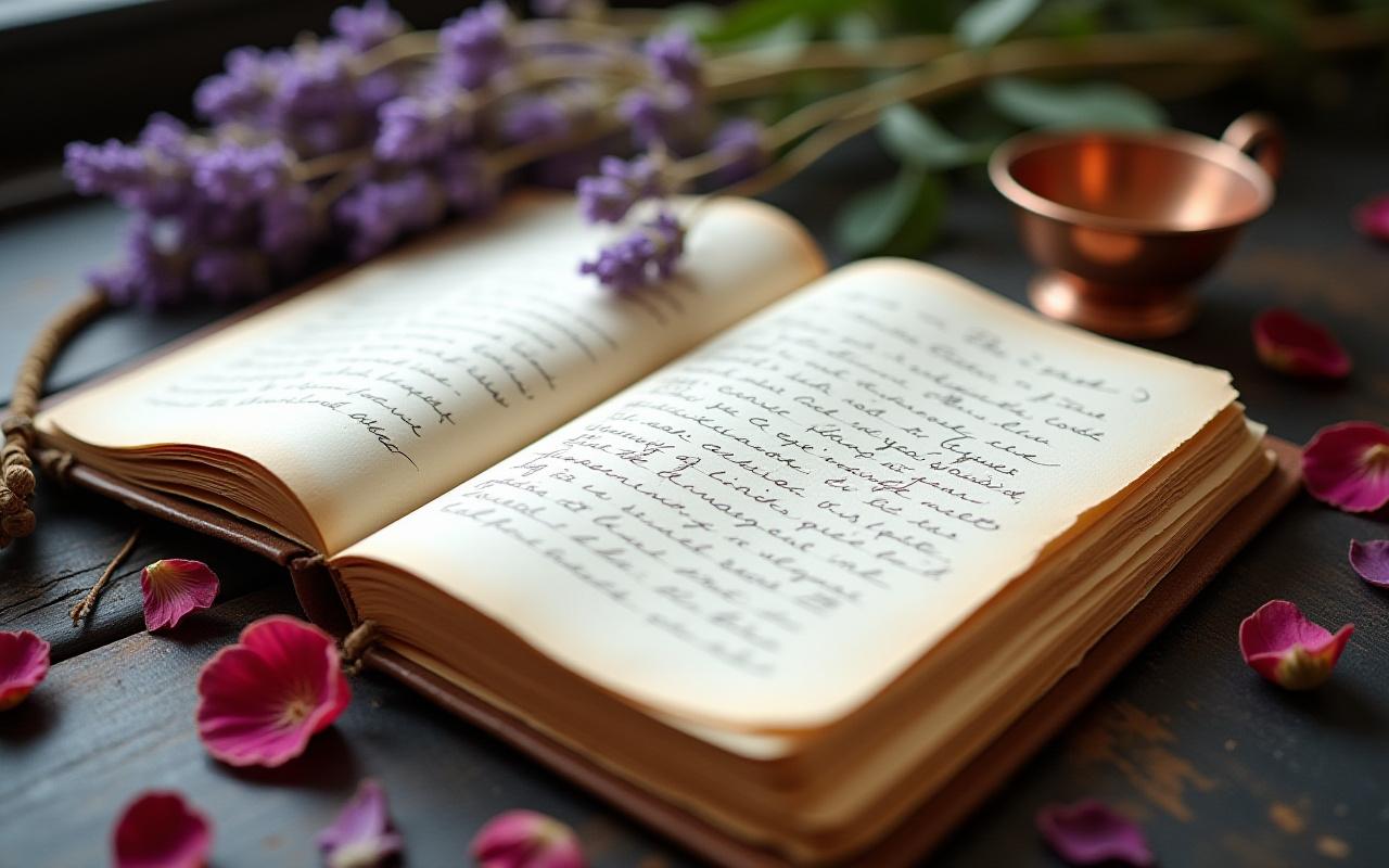 Antique herbal ledger and dried botanicals