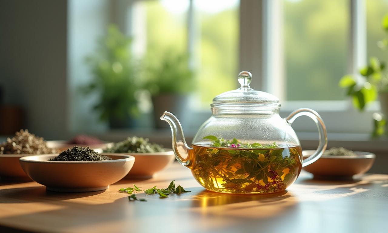 Fresh herbs being steeped in a glass teapot